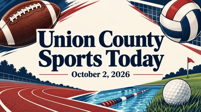 Union County Sports Today, October 2, 2026, with illustrated football, volleyball, running track, golf and swimming.