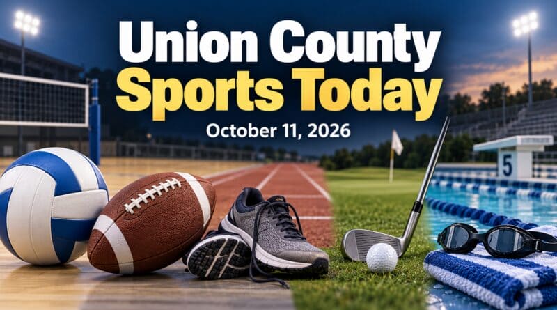 Union County Sports Today — October 11, 2026. Volleyball, football, running shoes, golf equipment and swimming goggles.